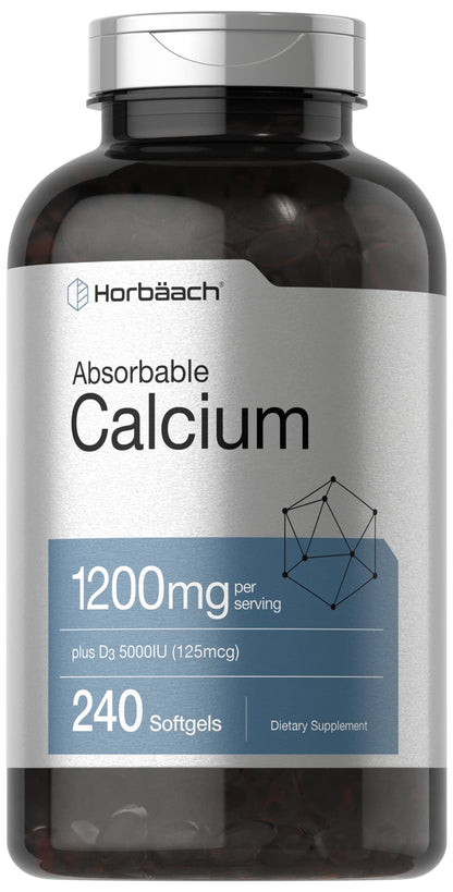 Horbäach Calcium 1200 mg with Vitamin D3 | 240 Softgels | 5000 IU Vitamin D3 | Absorbable Calcium Supplement for Women and Men Horbäach