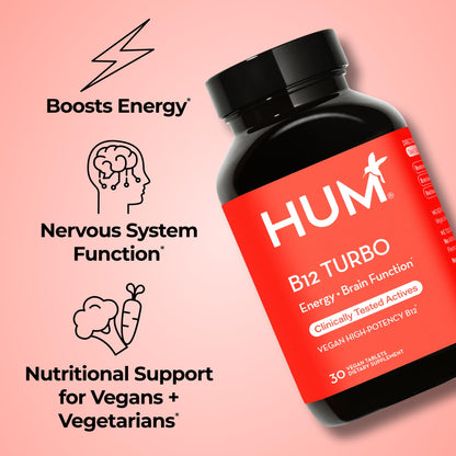 HUM B12 Turbo, Vitamin B12 Supplement, Daily Energy Support, Calcium for Bone Health, B-12 Vitamin Energy Supplements, Gluten Free, Vegan, Non GMO, 30 Vegan High Potency Tablets