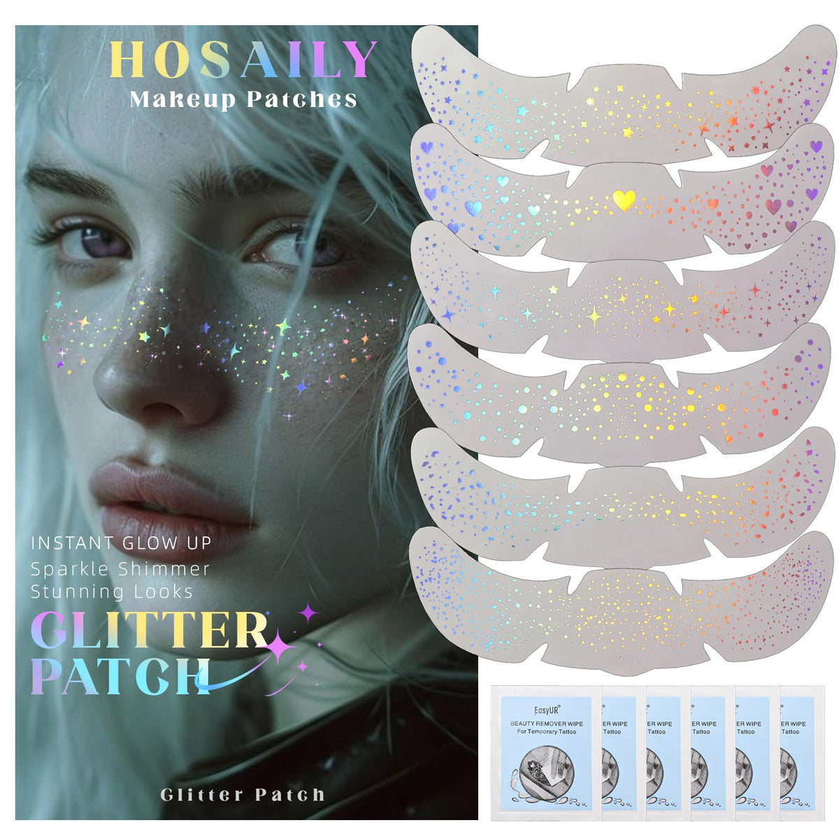 HOSAILY 6pcs Holographic Glitter Freckles Face Tattoo for Rave Accessories HOSAILY