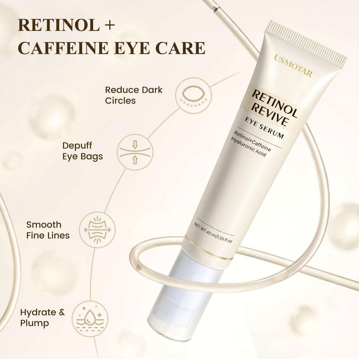 USMOTAR Retinol & Caffeine Eye Serum - Dark Circles Relief & Depuffing Treatment, Hyaluronic Acid + Collagen, Gentle Under Eye Cream for Sensitive Skin, Hydrates & Smooths Fine Lines 40ml, 1.35 fl.oz USMOTAR