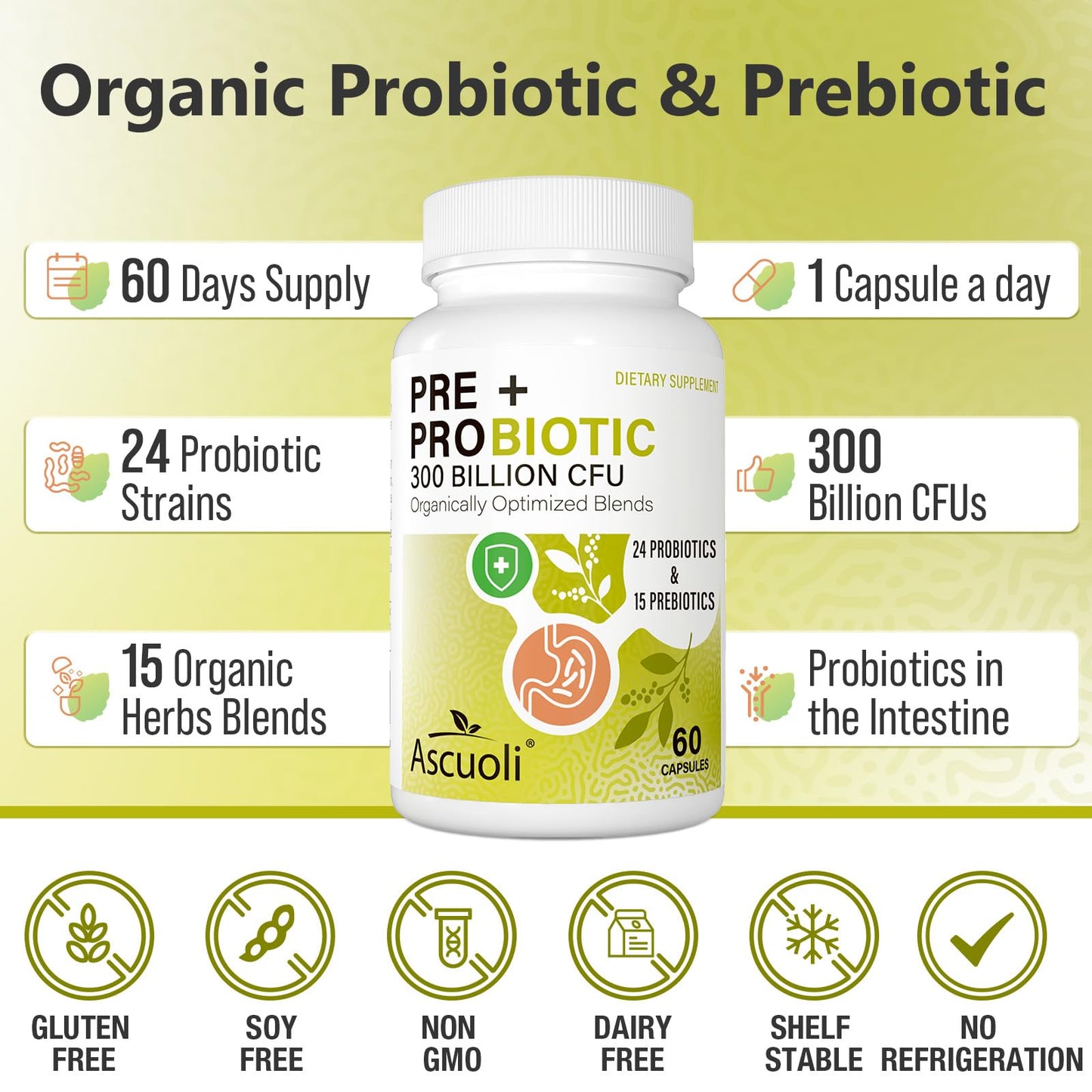Probiotics for Women & Men - 300 Billion CFU, 24 Strains + 15 Organic Herbs Prebiotics Blend, Daily Probiotic for Digestive Health, Immune, Gut, Bloating Ascuoli