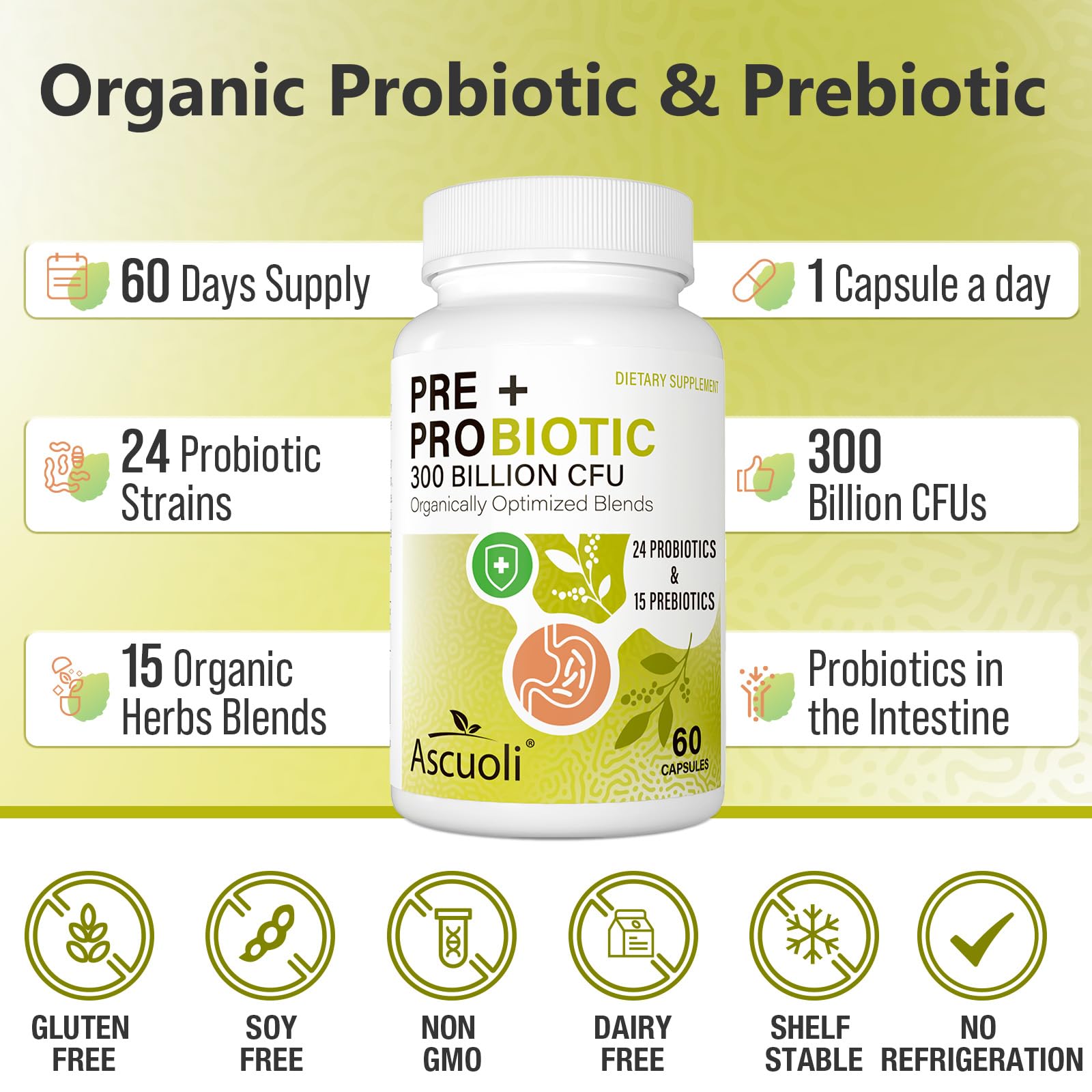 Probiotics for Women & Men - 300 Billion CFU, 24 Strains + 15 Organic Herbs Prebiotics Blend, Daily Probiotic for Digestive Health, Immune, Gut, Bloating