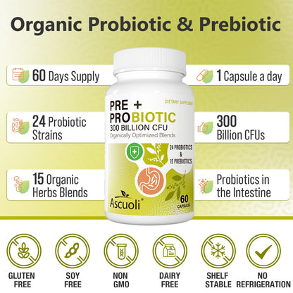 Probiotics for Women & Men - 300 Billion CFU, 24 Strains + 15 Organic Herbs Prebiotics Blend, Daily Probiotic for Digestive Health, Immune, Gut, Bloating Ascuoli