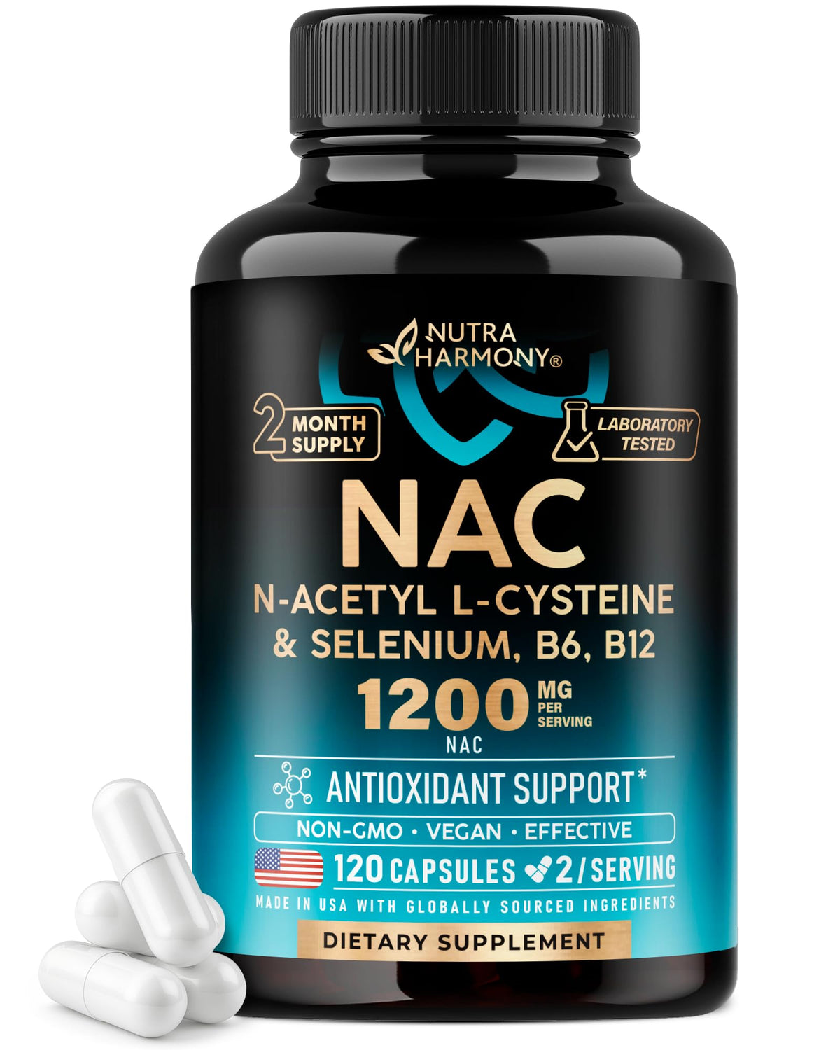 NAC Supplement | Selenium | B6 | B12 - Antioxidant, Immune Support - N Acetyl Cysteine 600 mg per Capsule, 1200 mg per Serving - Made in USA - Non-GMO, Gluten-Free NUTRAHARMONY