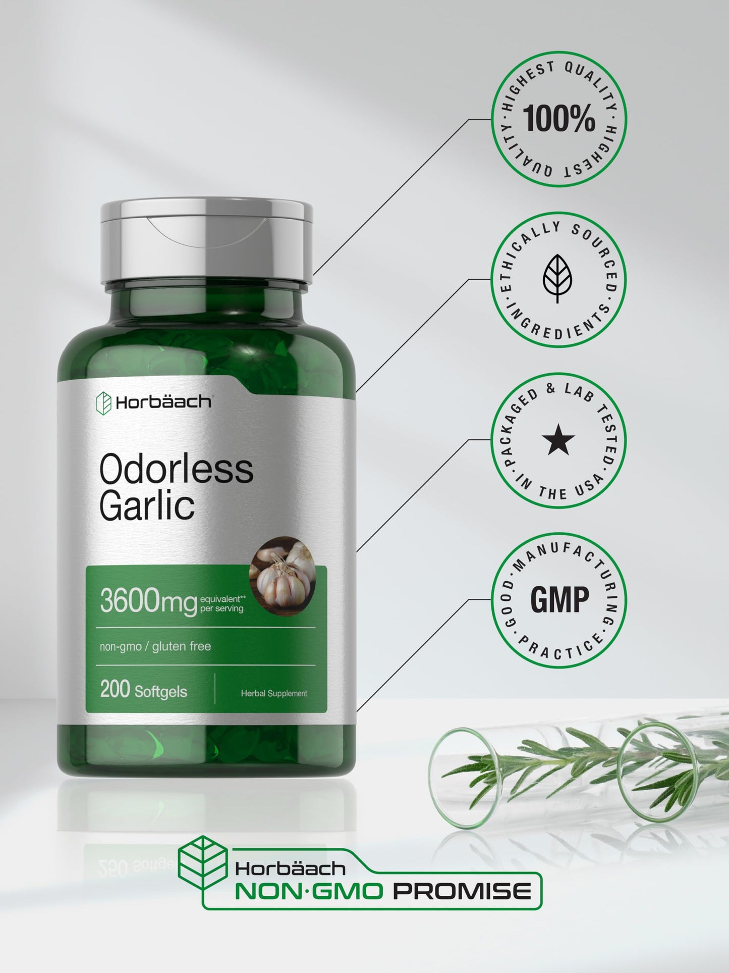 Horbäach Odorless Garlic Softgel Supplement | 200 Count | Ultra Potent Concentrated Herbal Extract | Non-GMO & Gluten Free Horbäach