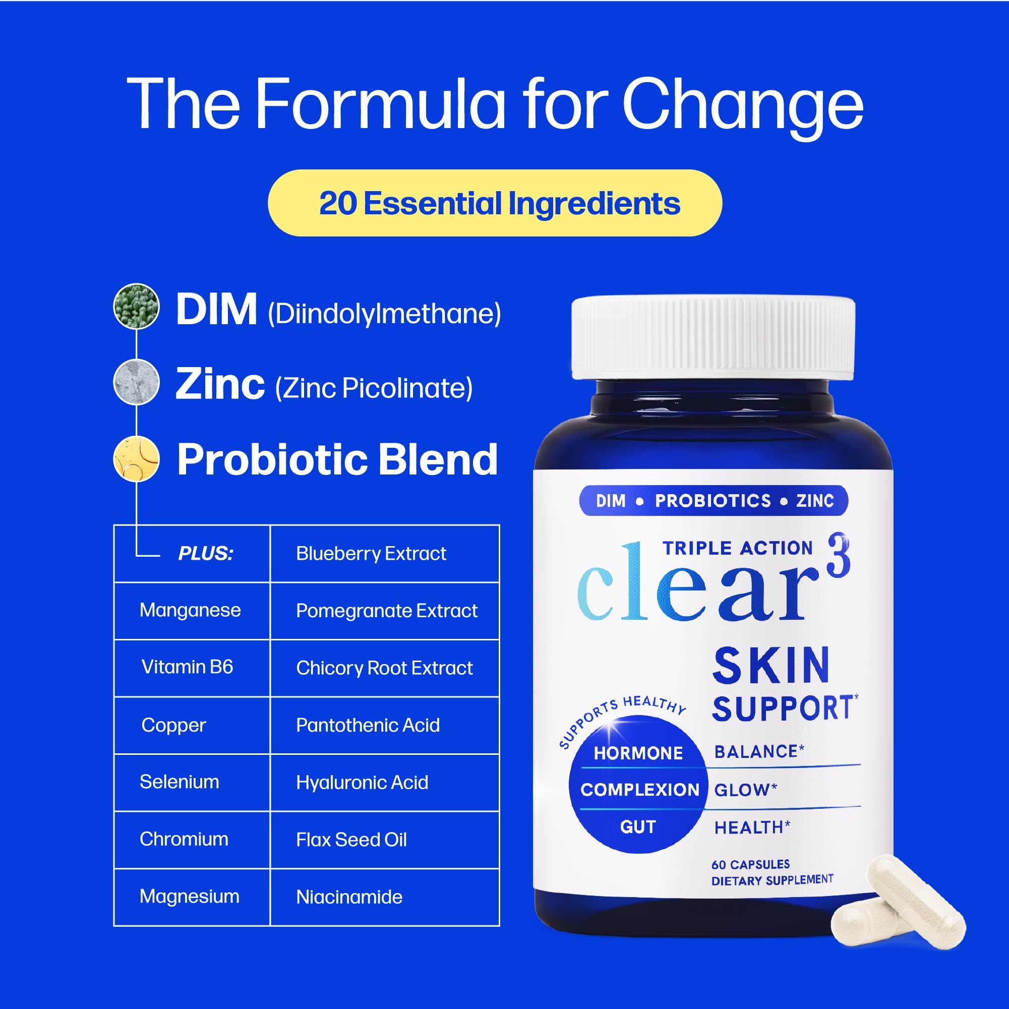 Clear Skin Supplement with Zinc, DIM & Probiotics | 3-in-1 Balance, Glow & Health Skin Support | Triple Action Hyaluronic Acid, Niaciminide & Vitamins for Hormone, Complexion & Gut Support | 60 Ct SMNutrition buy australia supplements