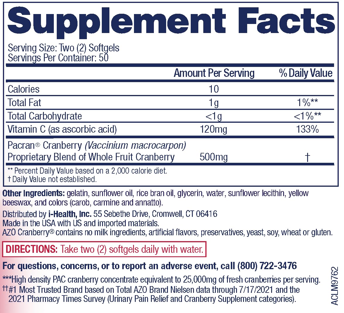 AZO Cranberry Supplement, Made with Concentrated Whole Fruit Cranberry Powder to Help Cleanse and Protect the Urinary Tract*, Sugar Free Cranberry Pills, Non-GMO, 100 Softgels Gsupps Australia