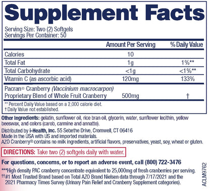 AZO Cranberry Supplement, Made with Concentrated Whole Fruit Cranberry Powder to Help Cleanse and Protect the Urinary Tract*, Sugar Free Cranberry Pills, Non-GMO, 100 Softgels Gsupps Australia