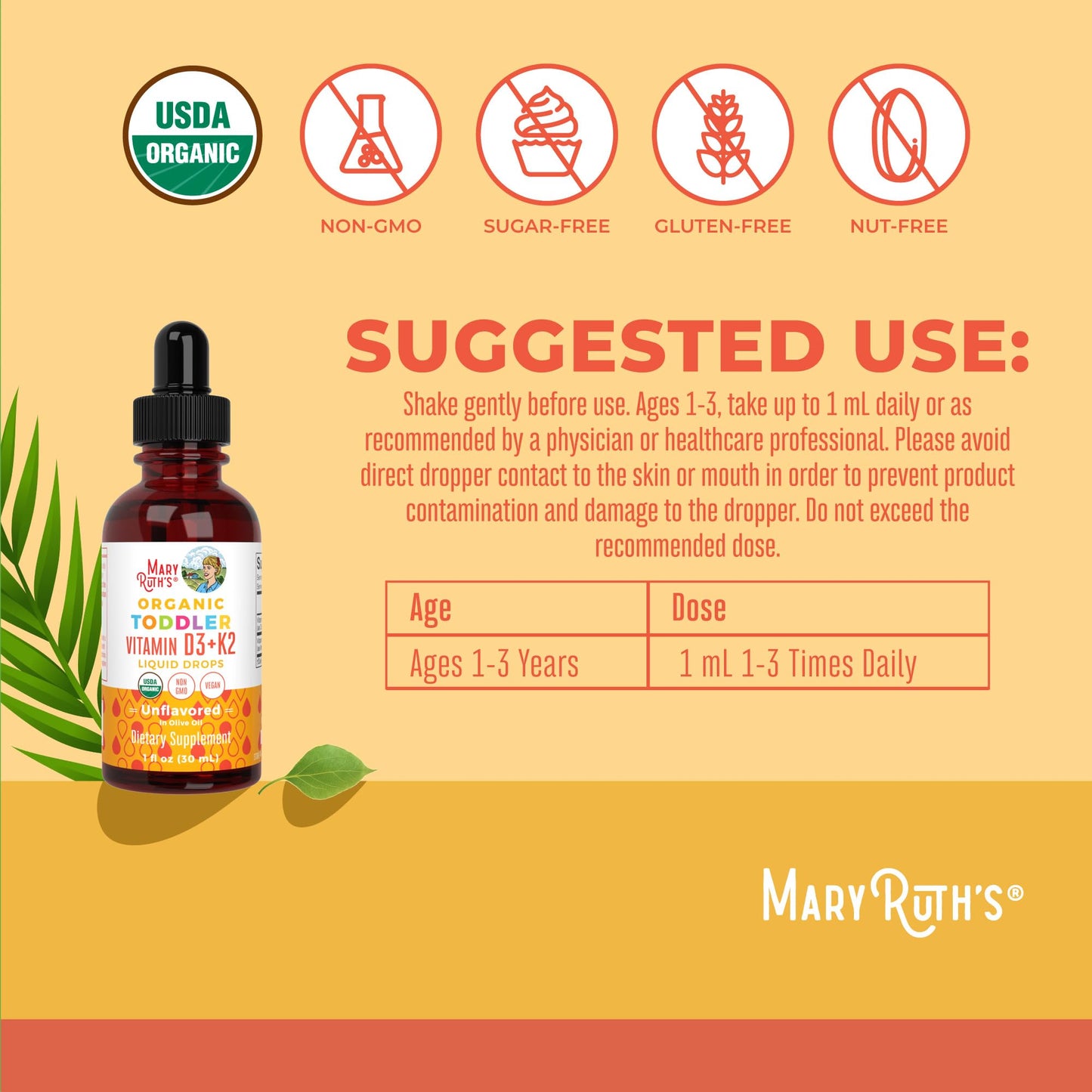 MARYRUTH'S Organics Vitamin D3 | Vitamin K2 | Vitamin D3 K2 Drops | K2 D3 Vitamin Liquid Supplement for Toddlers | Kids Supplement for Calcium Absorption MARYRUTH'S