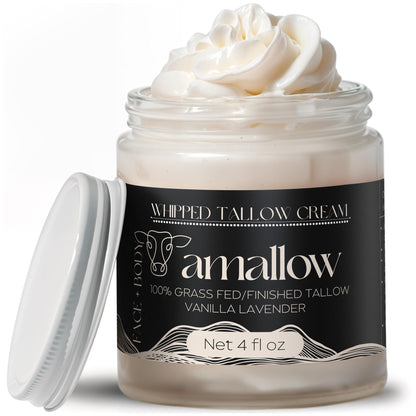 Amallow 100% Grass Fed Beef Tallow for Skin Care - Face + Body - Whipped Moisturizer - Natural Lotion, 4 FL. oz. (Vanilla Lavender) Amallow