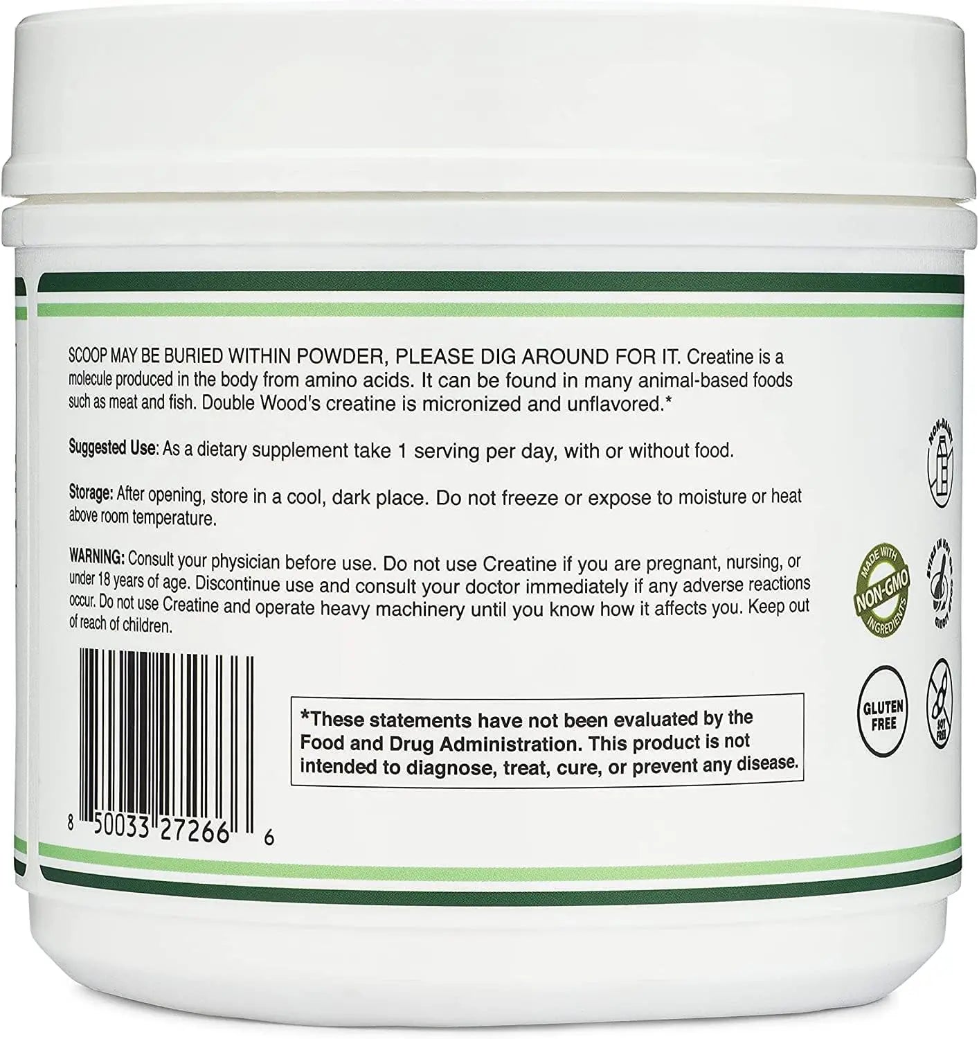 Creatine Monohydrate Powder 1.1lbs (100 Servings of 5 Grams Each) - No Fillers, Vegan Safe, Non-GMO, Gluten Free by Double Wood Double Wood Supplements