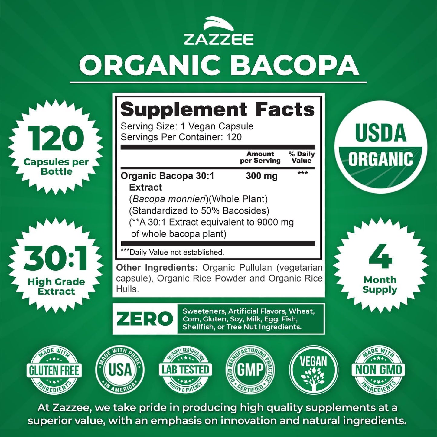 Zazzee USDA Organic Bacopa 30:1 Extract, 50% Bacosides, 120 Vegan Capsules | 4 Month Supply, Bacopa Monnieri, Cognitive, Brain & Memory Support, Non-GMO, Organic Herbal Supplement, Made in the USA Gsupps Australia