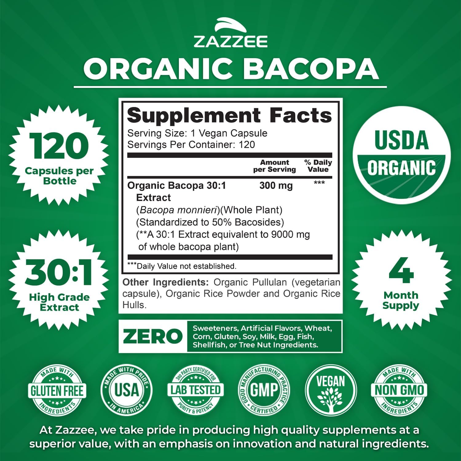 Zazzee USDA Organic Bacopa 30:1 Extract, 50% Bacosides, 120 Vegan Capsules | 4 Month Supply, Bacopa Monnieri, Cognitive, Brain & Memory Support, Non-GMO, Organic Herbal Supplement, Made in the USA Gsupps Australia