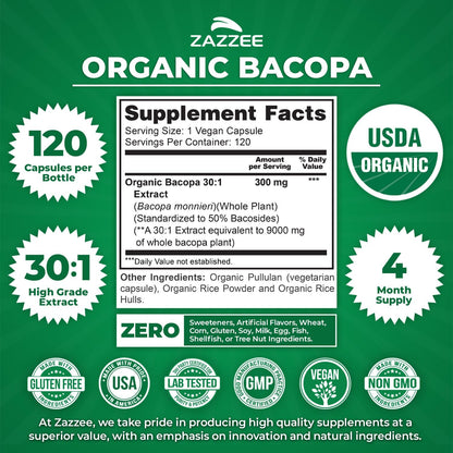 Zazzee USDA Organic Bacopa 30:1 Extract, 50% Bacosides, 120 Vegan Capsules | 4 Month Supply, Bacopa Monnieri, Cognitive, Brain & Memory Support, Non-GMO, Organic Herbal Supplement, Made in the USA Gsupps Australia