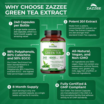 Zazzee Extra Strength Green Tea 20:1 Extract, 50% EGCG, 150 Vegan Capsules | 98% Polyphenols, 80% Catechins, 5 Month Supply, Certified Kosher, Antioxidant & Metabolism Support, Non-GMO, Made in the USA Gsupps Australia