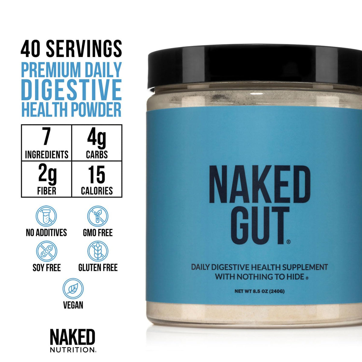 NAKED Gut - Daily Gut Health Supplement - Natural Gut Health Powder for Gut Cleanse, Digestive Support, GMO-Free, Soy-Free, Gluten-Free, NAKED