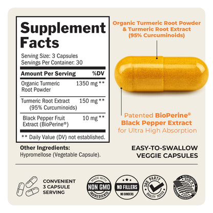 Turmeric Curcumin with Black Pepper Extract 1500mg - High Absorption Ultra Potent Turmeric Supplement with 95% Curcuminoids and BioPerine BioSchwartz