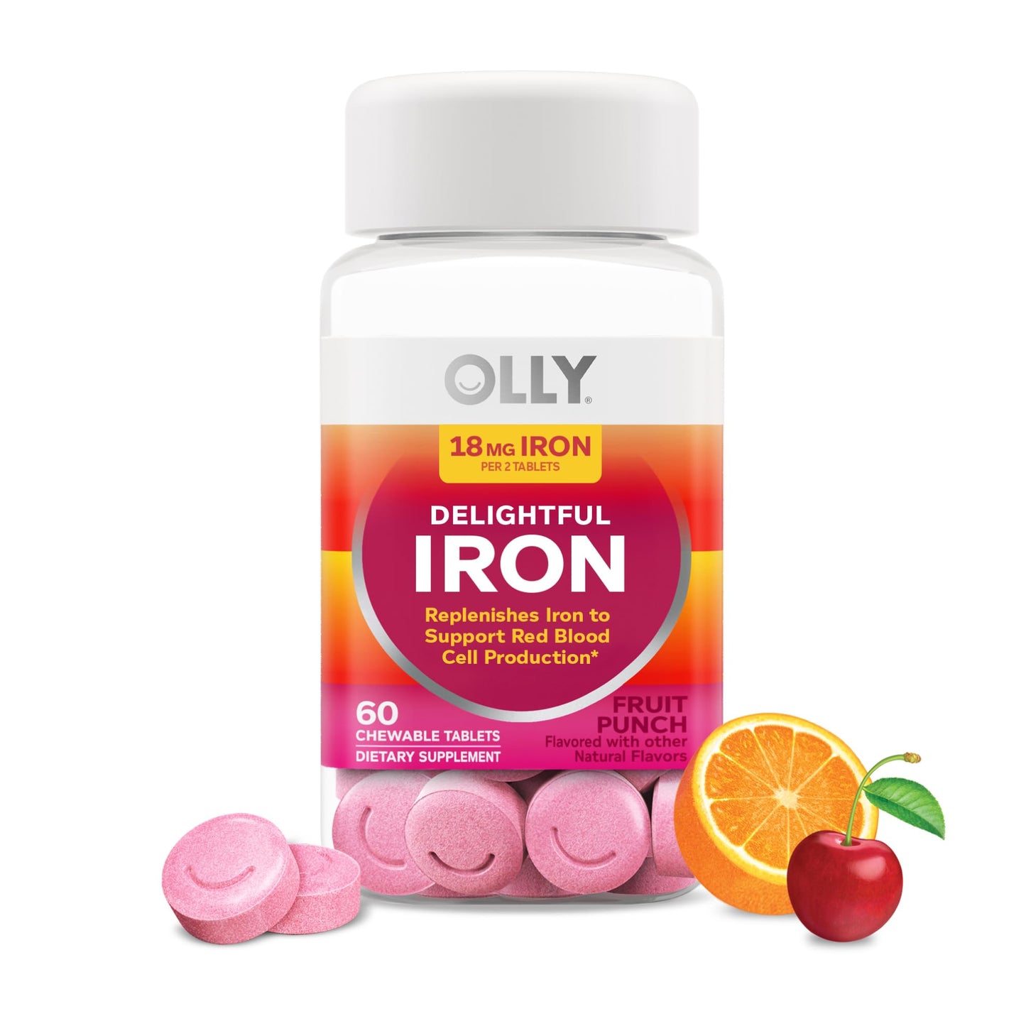 OLLY Delightful Iron Chewable Tablet, Iron Supplement from AB Fortis, Fruit Punch Flavored, 30 or 20 Day Supply - 60 Count OLLY