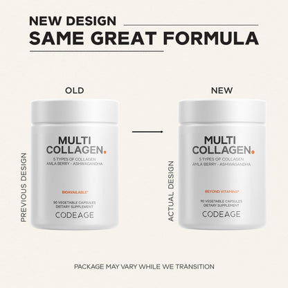 Codeage Multi Collagen Peptides Protein Capsules, 5 Collagen Types, Grass-Fed & Hydrolyzed Bovine Collagen Pills Supplement, Ashwagandha, Amla Berry Vitamins, Collagen Peptides - 90 Capsules