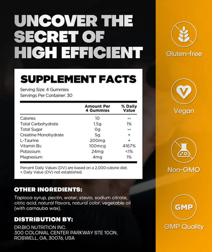 Instant Boost Creatine Monohydrate Gummies, Complex Formula with Real 5000mg Creatine, L-Taurine, B12, Mg & K, Pre-Workout Creatine for Women & Men to Support Energy DR.BIO