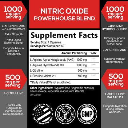 Extra Strength Nitric Oxide Booster - 3X Strength L-Arginine AKG & Citrulline Malate - Men & Women Premium Pre Workout Nitric Booster - Natural Energy & Muscle Support SILVERONYX