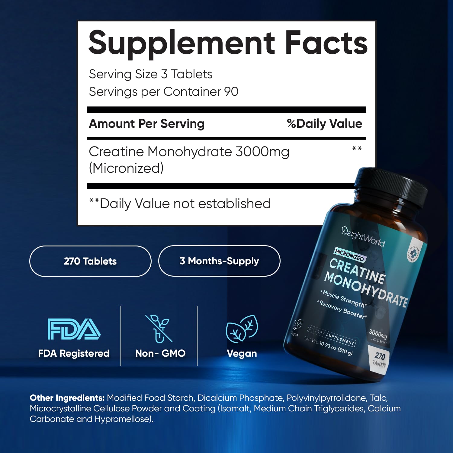 WeightWorld Micronized Creatine Monohydrate 3000mg Tablets - Muscle Growth, Strength, Energy & Recovery | Pre Workout Creatine for Women & Men | 1000mg per Tab WeightWorld buy australia supplements