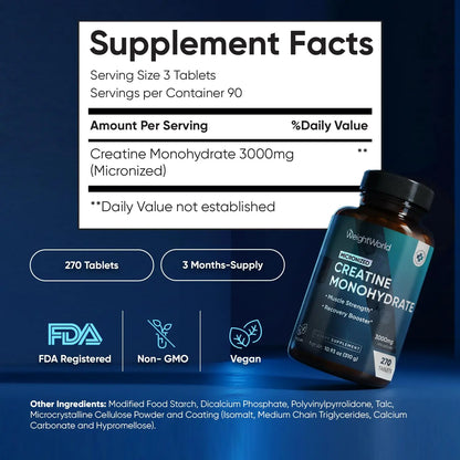 WeightWorld Micronized Creatine Monohydrate 3000mg Tablets - Muscle Growth, Strength, Energy & Recovery | Pre Workout Creatine for Women & Men | 1000mg per Tab WeightWorld