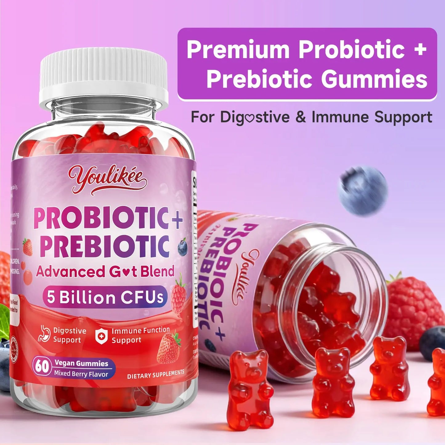 Youlikee 2 Pack Prebiotic + Probiotic Gummies for Women and Men, Probiotic Gummies Supports Gut Health, 5 Billion CFUs with Fibers, Youlikee