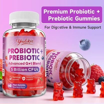 Youlikee 2 Pack Prebiotic + Probiotic Gummies for Women and Men, Probiotic Gummies Supports Gut Health, 5 Billion CFUs with Fibers, Youlikee