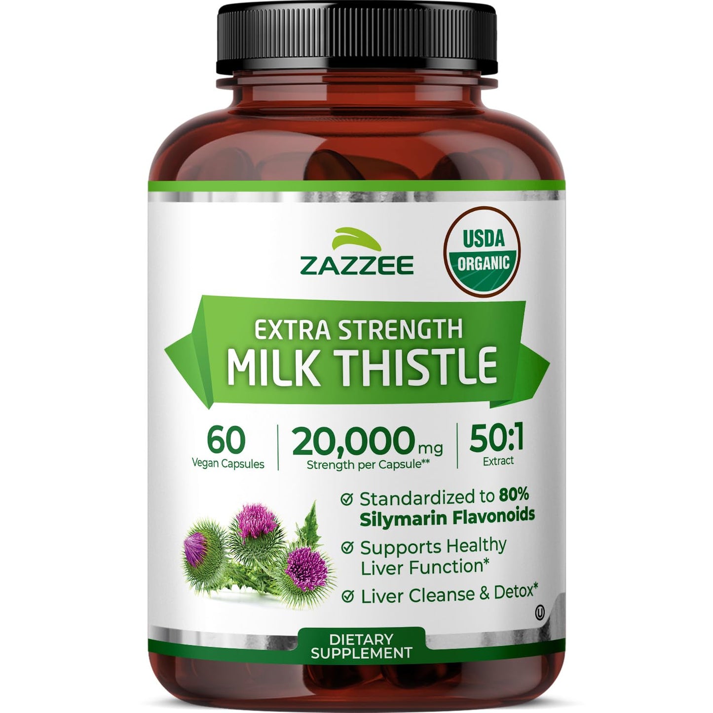 Zazzee USDA Organic Milk Thistle 50:1 Extract, 200 Vegan Capsules | 80% Silymarin Flavonoids, 6+ Month Supply, Silybum Marianum, Liver Support & Detox Support, All-Natural, Non-GMO, Made in USA Gsupps Australia