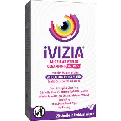iVIZIA Eyelid Cleansing Wipes for Sensitive Eyelid Cleansing, Preservative-Free, Micellar, No Rinse, Gentle Eye Makeup Remover, 20 Sterile Single-Use Wipes for Eyelids Packaging May Vary iVIZIA