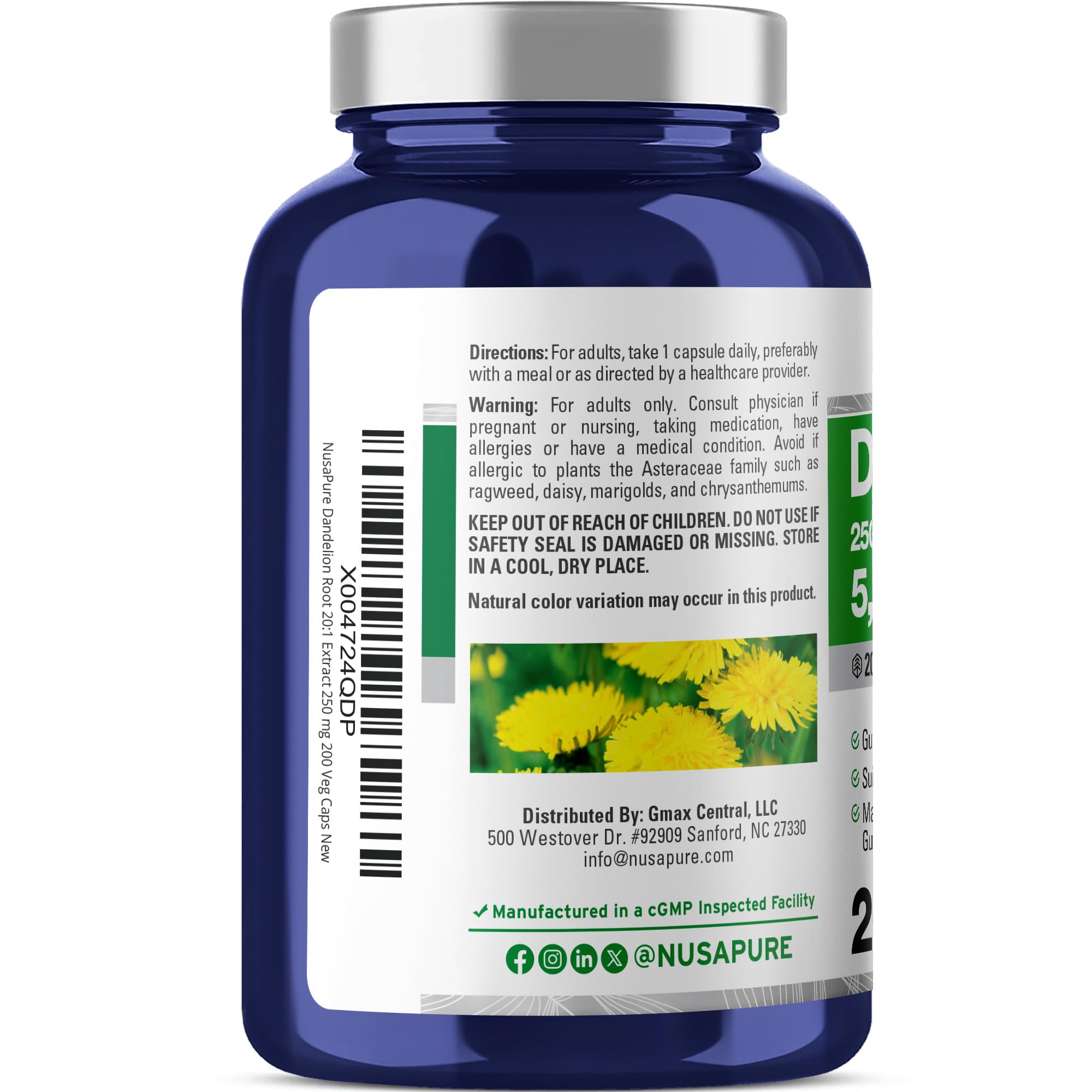 NusaPure Dandelion Root 20:1 Extract, 250 mg Equivalent to 5000mg 200 Veg Capsules (Vegan, Non-GMO) NusaPure buy australia supplements