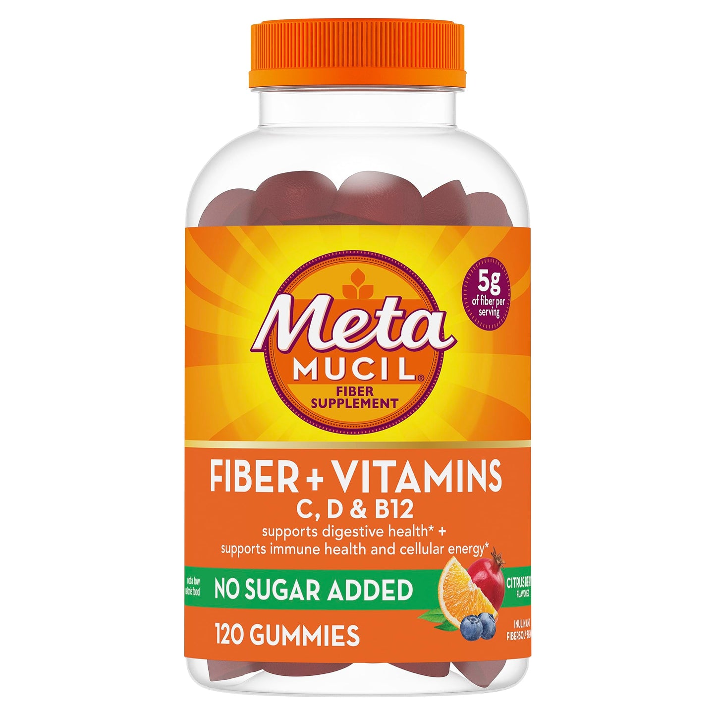 Metamucil Fiber Gummies for Adults with Vitamins C, D, B12 for Metabolism, No Sugar Added Citrus Berry Flavor, 5g Plant Based Prebiotic Metamucil
