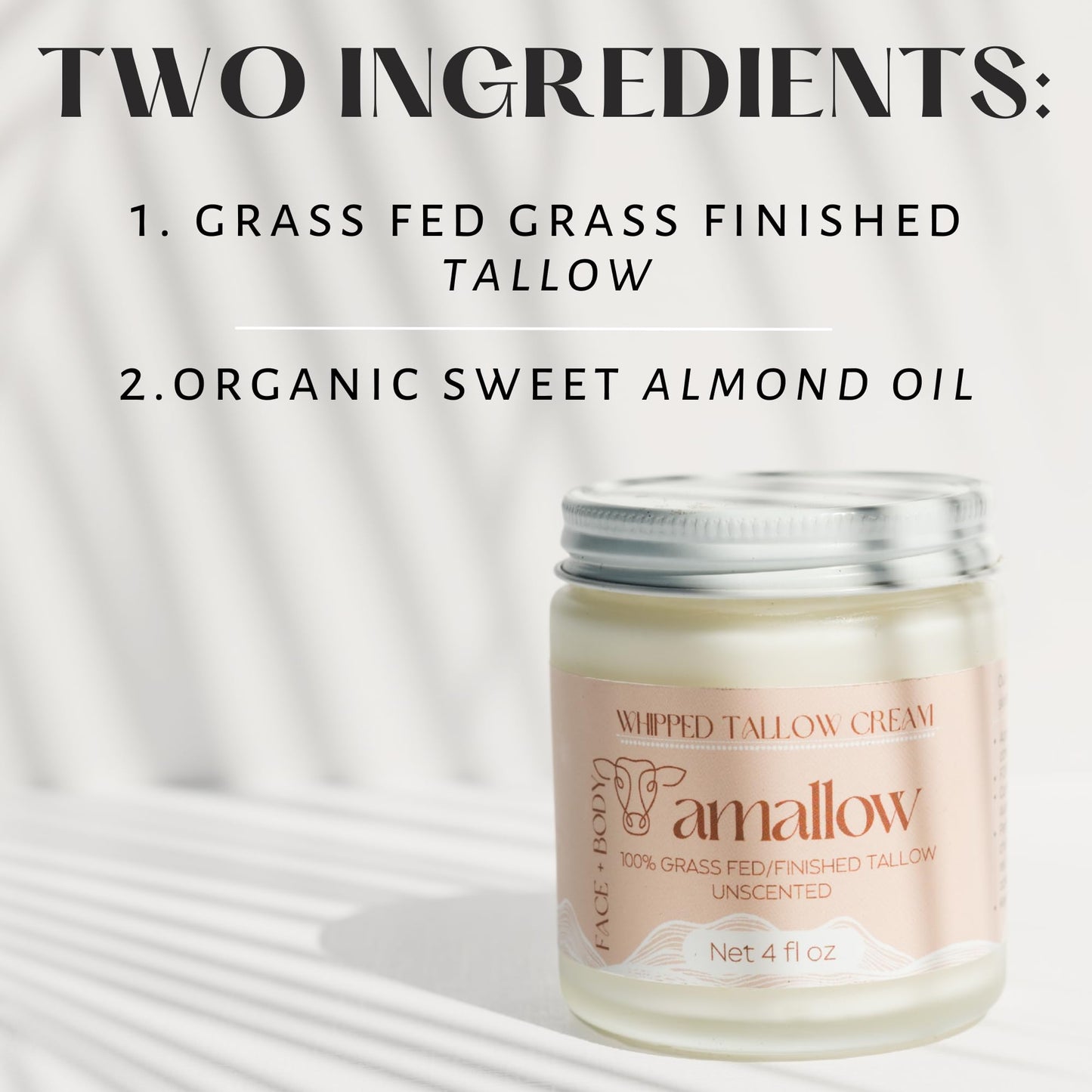 Amallow 100% Grass Fed Beef Tallow for Skin Care - Face + Body - Whipped Moisturizer for Sensitive Skin - Natural Lotion, 4 FL. oz. (Unscented) Amallow