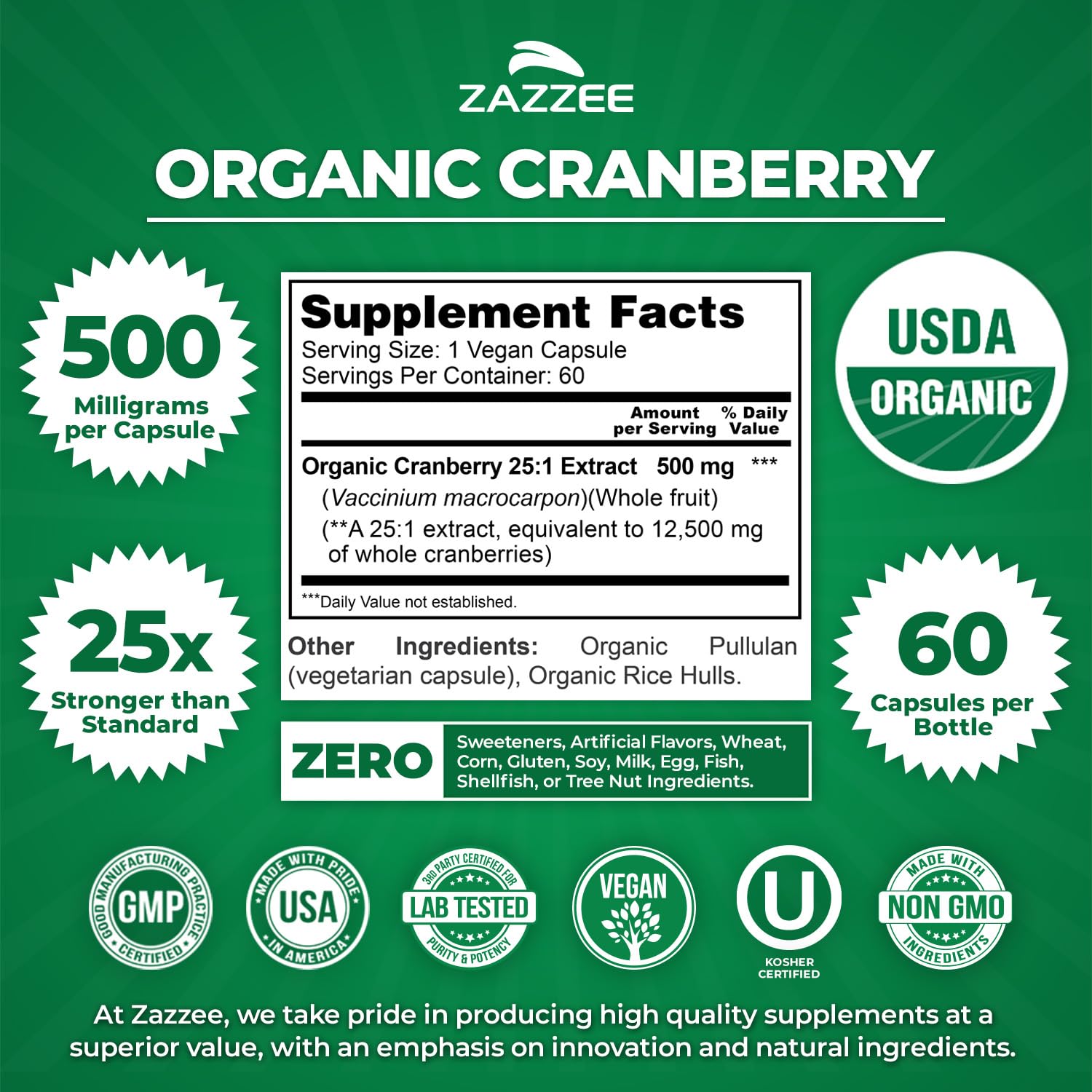 Zazzee USDA Organic Cranberry 25:1 Extract, 500mg per Capsule, 100 Capsules | Vegan, 3+ Month Supply, Certified Kosher, Vaccinium Macrocarpon, Non-GMO, Made in the USA Gsupps Australia