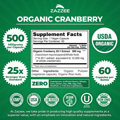Zazzee USDA Organic Cranberry 25:1 Extract, 500mg per Capsule, 100 Capsules | Vegan, 3+ Month Supply, Certified Kosher, Vaccinium Macrocarpon, Non-GMO, Made in the USA Gsupps Australia