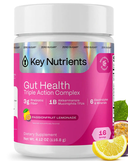 KEY NUTRIENTS Gut Health Hydration – Passionfruit Lemonade, Fiber Supplement with 3g Prebiotic Fiber & Akkermansia Probiotics for Women and Men KEY NUTRIENTS
