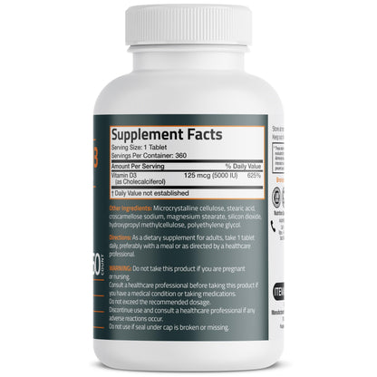 Bronson Vitamin D3 5000iu (125mcg) Healthy Muscle Function and Immune Support, Non-GMO, 360 Tablets Bronson