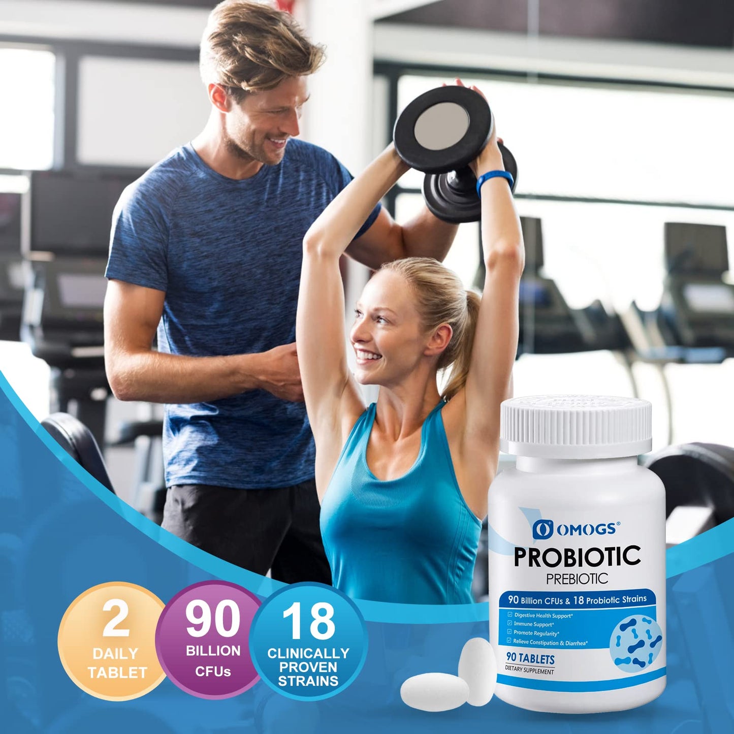 OMOGS Probiotics 90 Billion CFUs 18 Strains, with 3 Organic Prebiotics & Vitamin C, Nutritional Supplement for Women, Men & Kids, Support Metabolism OMOGS