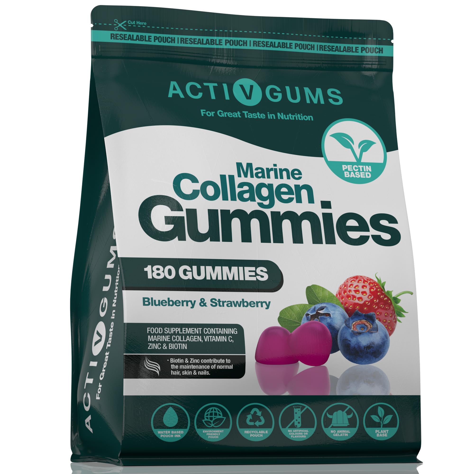 Marine Collagen Complex 180 Gummies. Strawberry & Blueberry Flavour. Resealable & Recyclable Pouch. Contains Marine Collagen, Vitamin C Activ Gums buy australia supplements