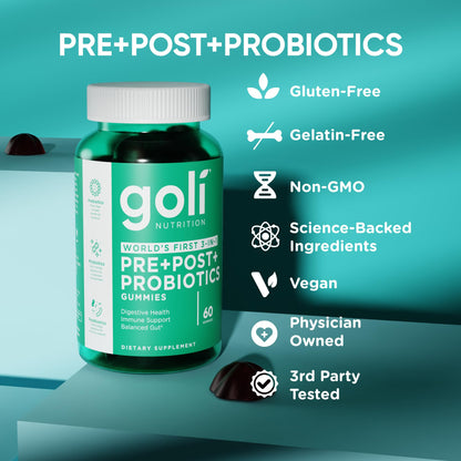 Goli Pre Pro Postbiotic Gummies - Worlds First 3-in-1 Formula with DE111 Probiotics, XOS Prebiotics, MCC1849 Postbiotics - Vegan, Non-GMO, Goli