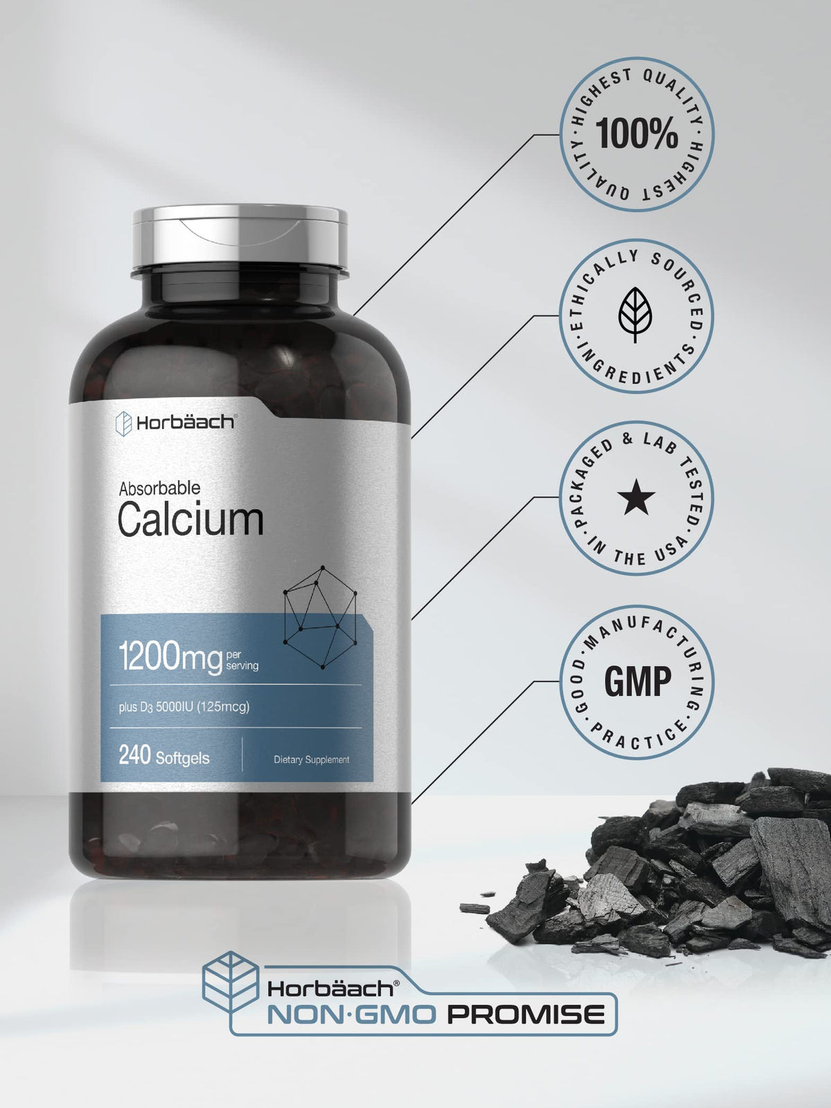 Horbäach Calcium 1200 mg with Vitamin D3 | 240 Softgels | 5000 IU Vitamin D3 | Absorbable Calcium Supplement for Women and Men Horbäach
