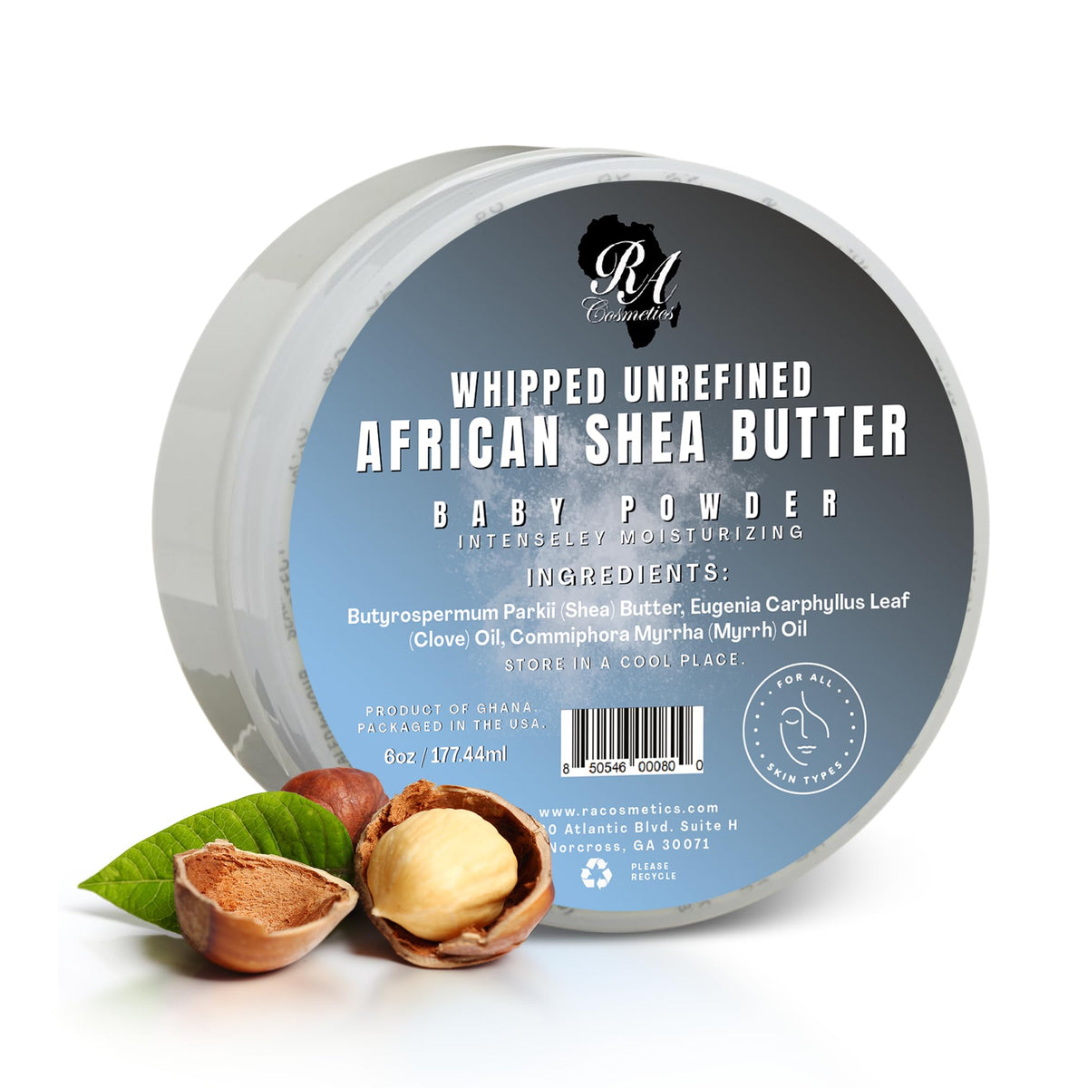 RA Cosmetics Whipped Shea Butter Baby Powder - 6oz | 100% Pure & Natural African Shea Butter for Men & Women - Ultimate Handcrafted Moisturizer with Essential Vitamins for Radiant Skin & Luscious Hair RA COSMETICS