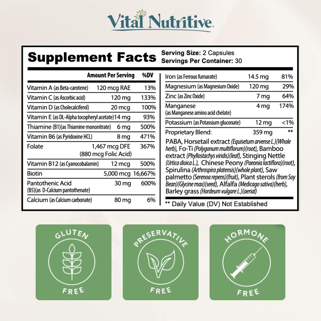 VITAL NUTRITIVE Vital Hair Complex – Biotin & Vitamin B Hair Vitamins for Women & Men – Supports Healthy Hair, Skin & Nails – Hormone-Free, Gluten-Free VITAL NUTRITIVE