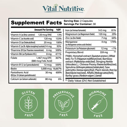 VITAL NUTRITIVE Vital Hair Complex – Biotin & Vitamin B Hair Vitamins for Women & Men – Supports Healthy Hair, Skin & Nails – Hormone-Free, Gluten-Free VITAL NUTRITIVE