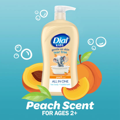 Dial Kids All-in-1 Body + Hair + Bubble Bath, Peach Scent, 32 Fl Oz, Hypoallergenic Body Wash & Shampoo, No Tears Formula for Kids 2+ Years, No Parabens & Silicones Dial
