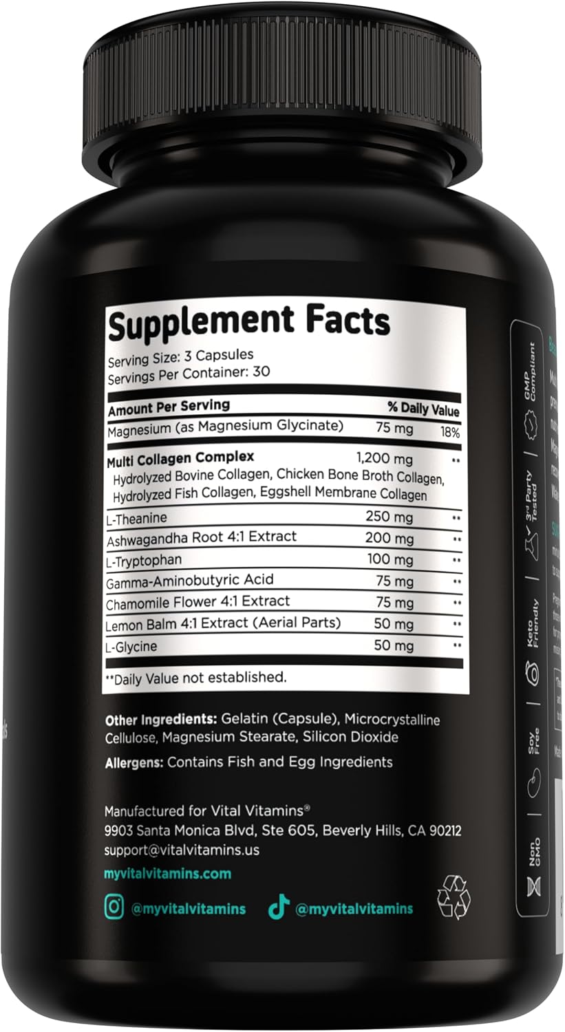 Vital Vitamins Multi Collagen Complex + Calm with Ashwagandha, 90 Capsules | Melatonin-Free Relaxation, 5 Collagen Types I, II, III, V & X with L-Theanine, Ashwagandha, GABA & Magnesium Glycinate Gsupps Australia