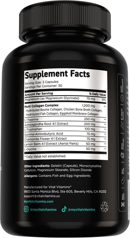 Vital Vitamins Multi Collagen Complex + Calm with Ashwagandha, 90 Capsules | Melatonin-Free Relaxation, 5 Collagen Types I, II, III, V & X with L-Theanine, Ashwagandha, GABA & Magnesium Glycinate Gsupps Australia