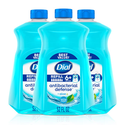 Dial Antibacterial Defense Liquid Hand Soap + Aloe, Spring Water Scent, 52 Fl Oz Hand Soap Refill (Pack of 3), Dermatologist-Tested, Gentle Formula Dial