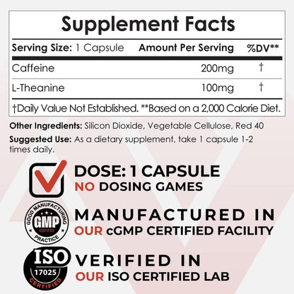 Nootropics Depot Caffeine and L-Theanine Capsules | 60 Count | Contains 200mg of Caffeine and 100mg of L-Theanine | Natural Supplement | Energy Booster | Mental Focus + Alertness | Coffee Alternative